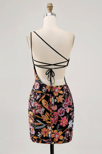 Black Flower Bodycon One Shoulder Embroidery Homecoming Dress